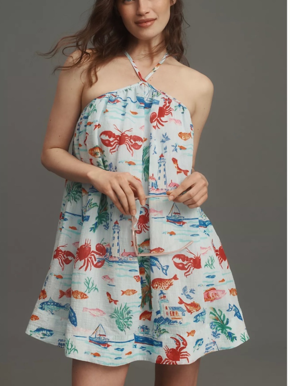 Maeve by Anthropologie Printed Halter Swing Coastal Pattern Mini Dress Size XXS